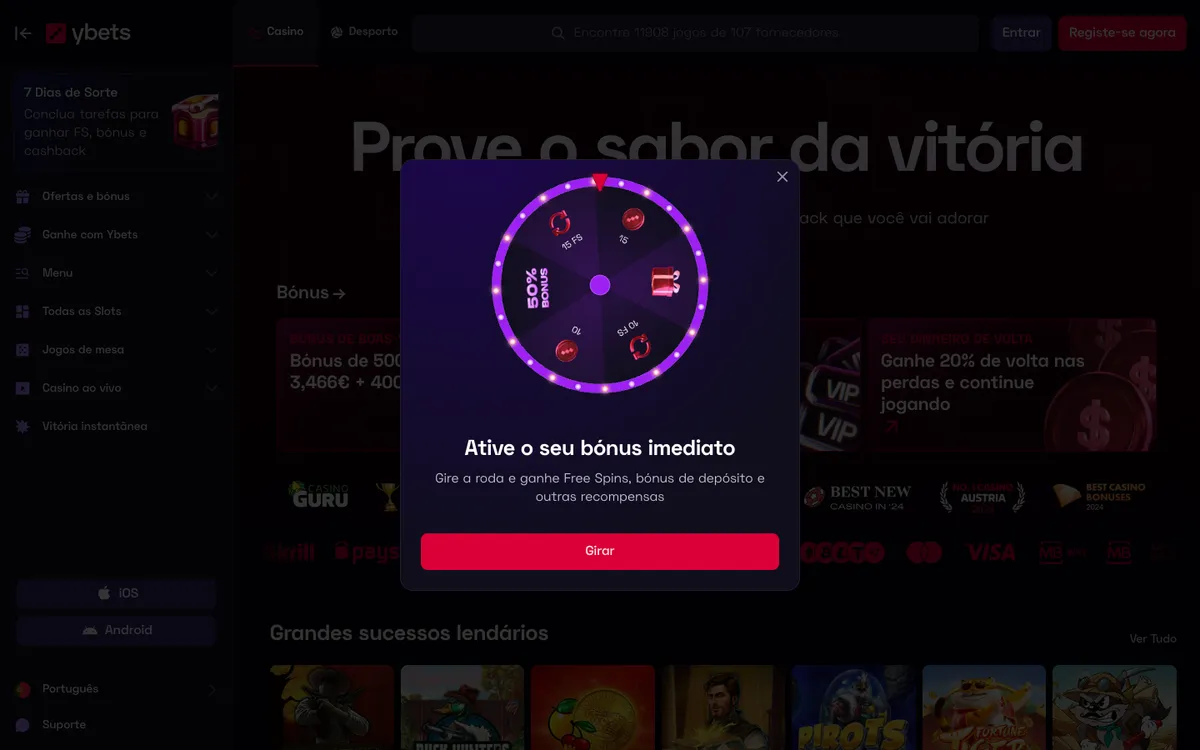 Ybets Casino — Home page, captured from Portugal