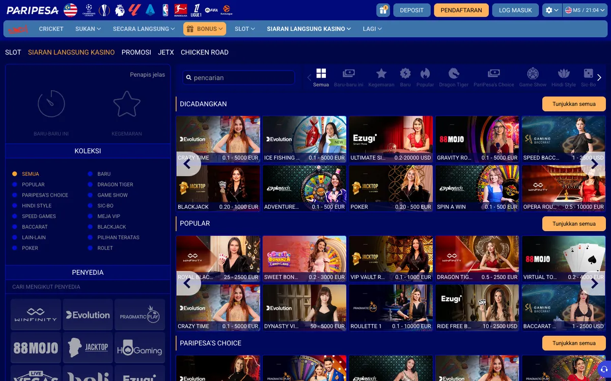 Paripesa Casino — Home page, captured from Malaysia