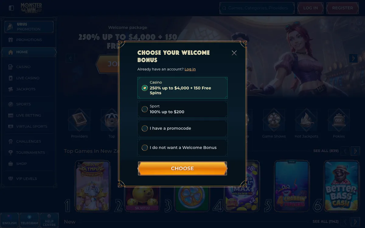 Monsterwin Casino — «Регистрация», снято из страны Новая Зеландия