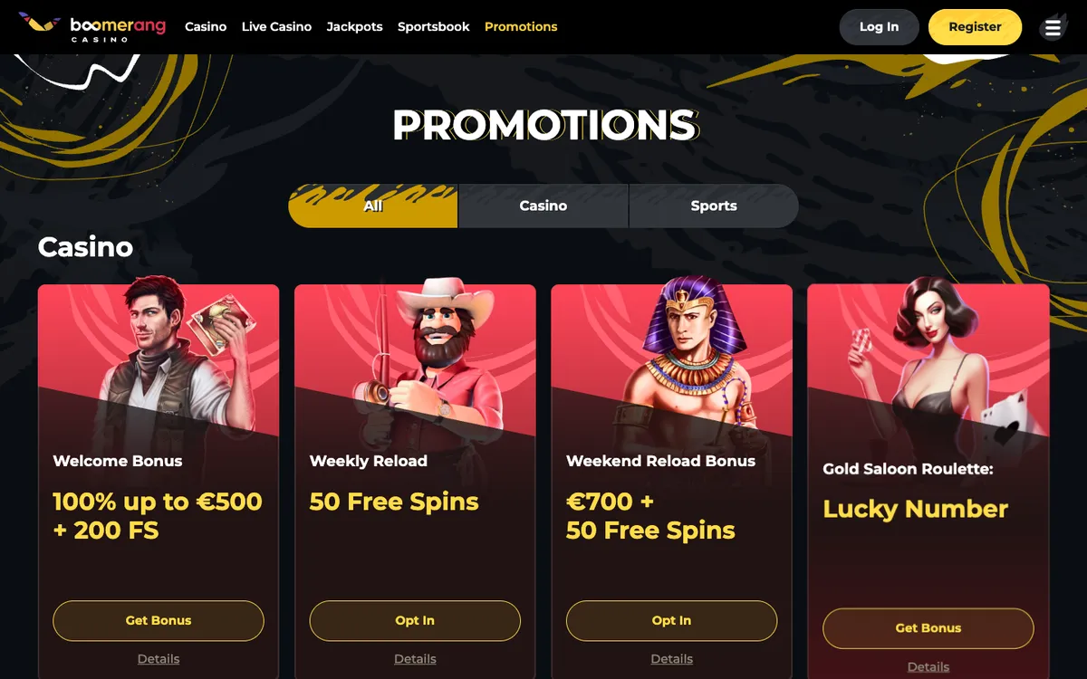 Boomerang Casino — «Акции», снято из страны Южно-Африканская Республика