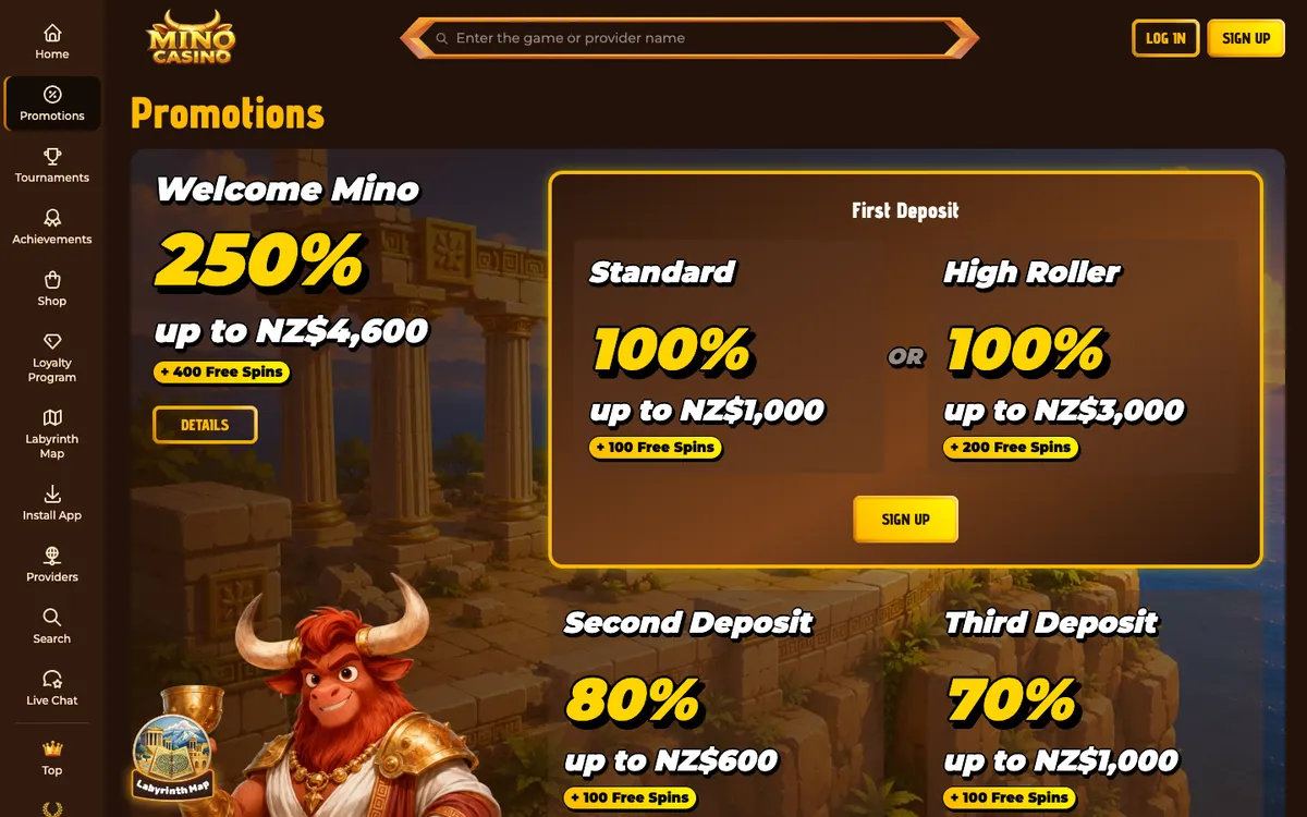 Mino Casino — Promotions, captured from New Zealand