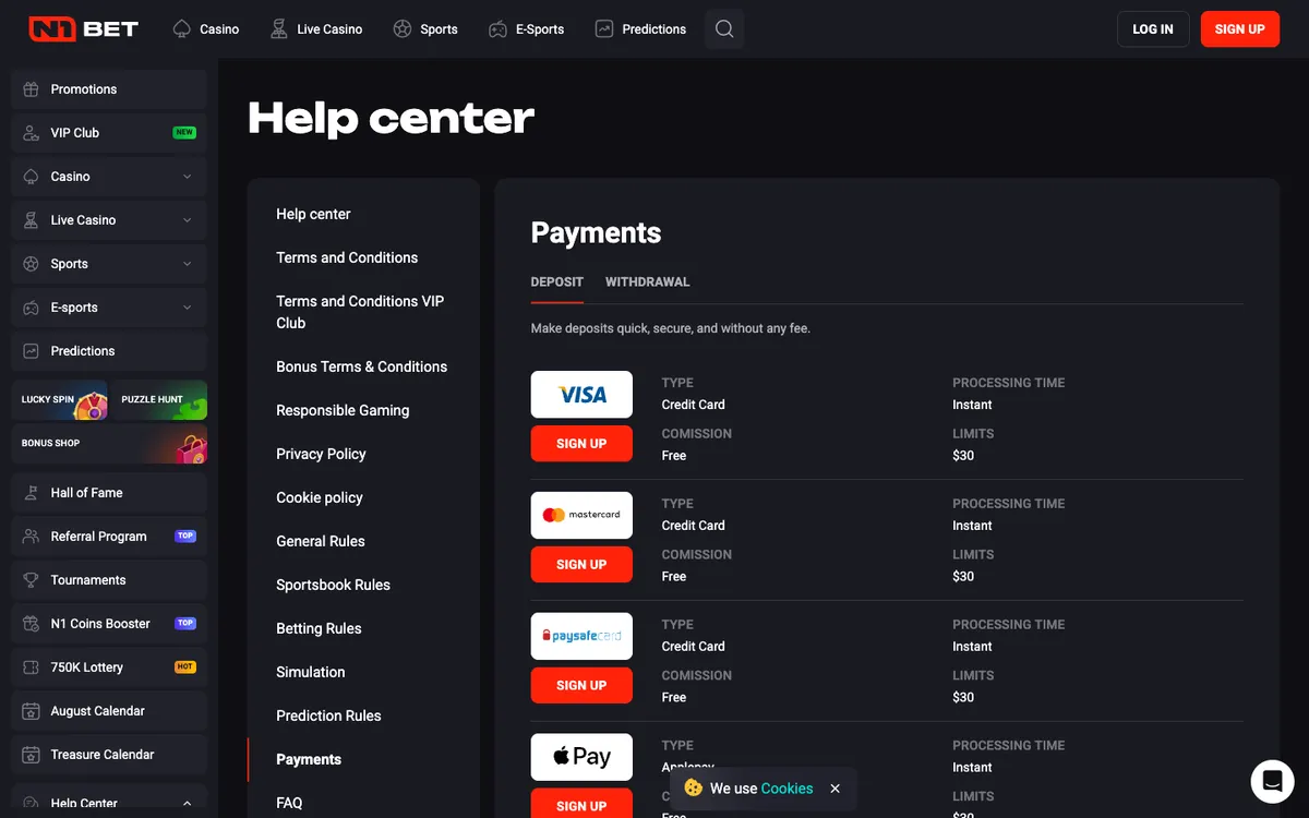 N1Bet Casino — Payments, captured from New Zealand