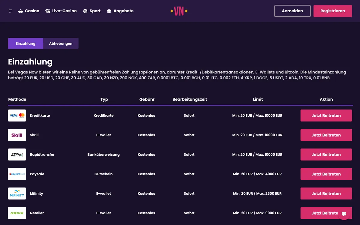 Vegas Now Casino — Payments, captured from Austria