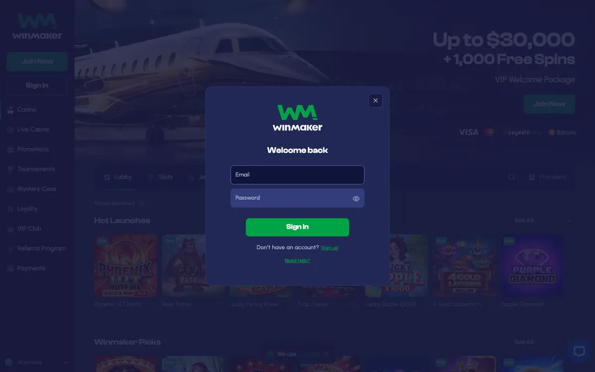 Winmaker Casino — Sign-up, captured from Australia