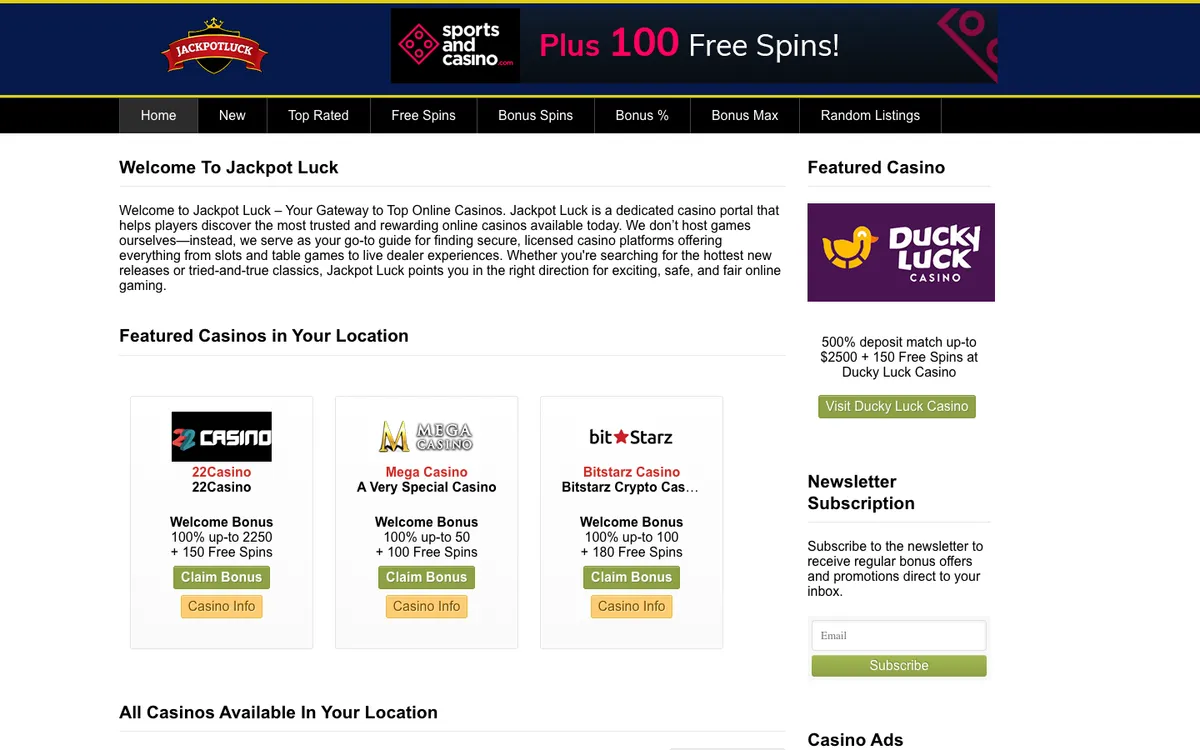 Jackpot Luck Casino — Home page, captured from Canada
