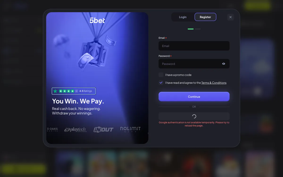 5bet Casino — Sign-up, captured from Japan