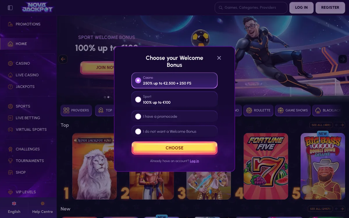 NovaJackpot Casino — Sign-up, captured from Argentina