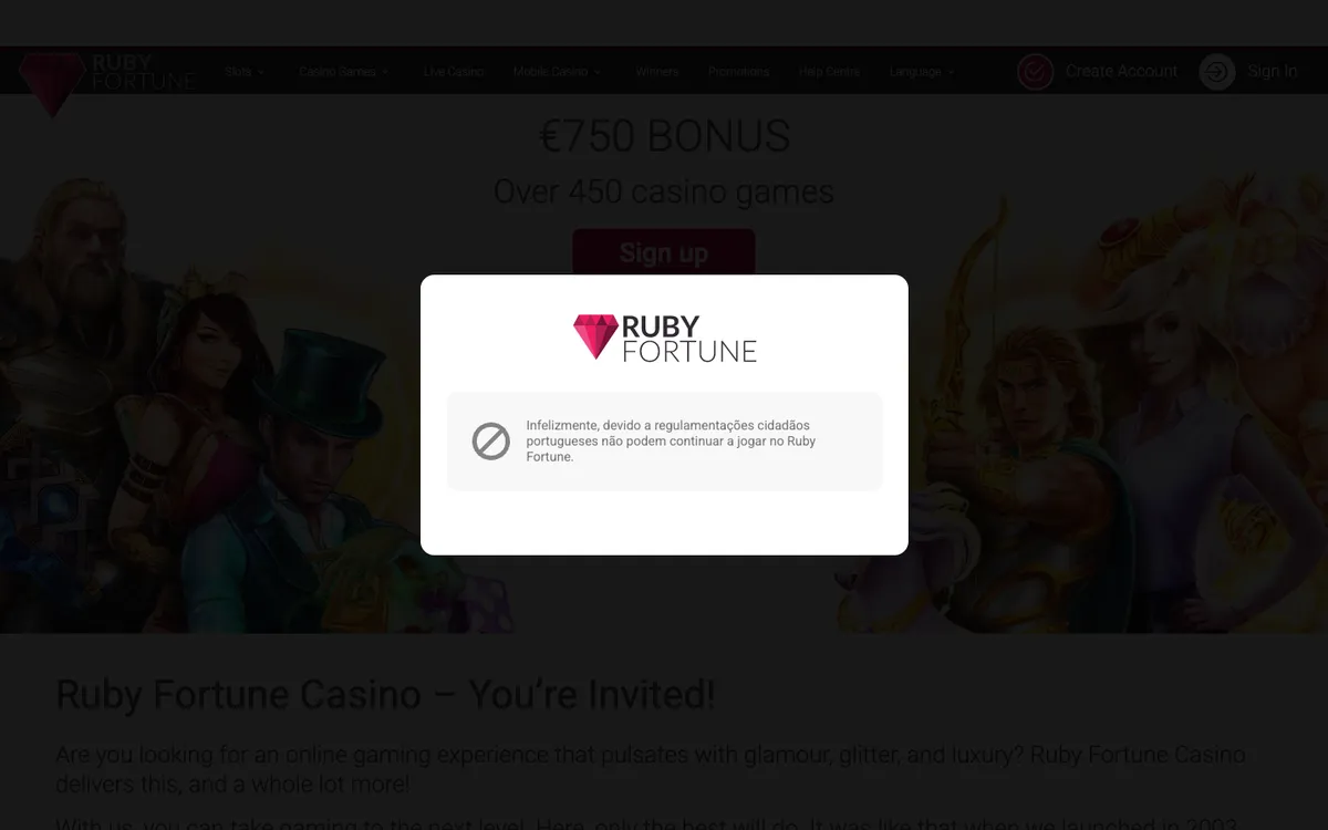 Ruby Fortune Casino — Home page, captured from Portugal