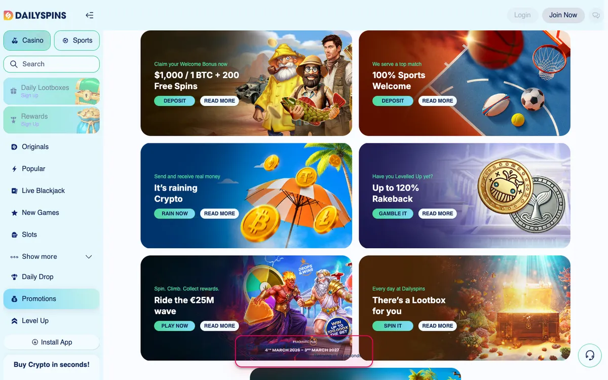 Dailyspins Casino — Promotions, captured from Australia