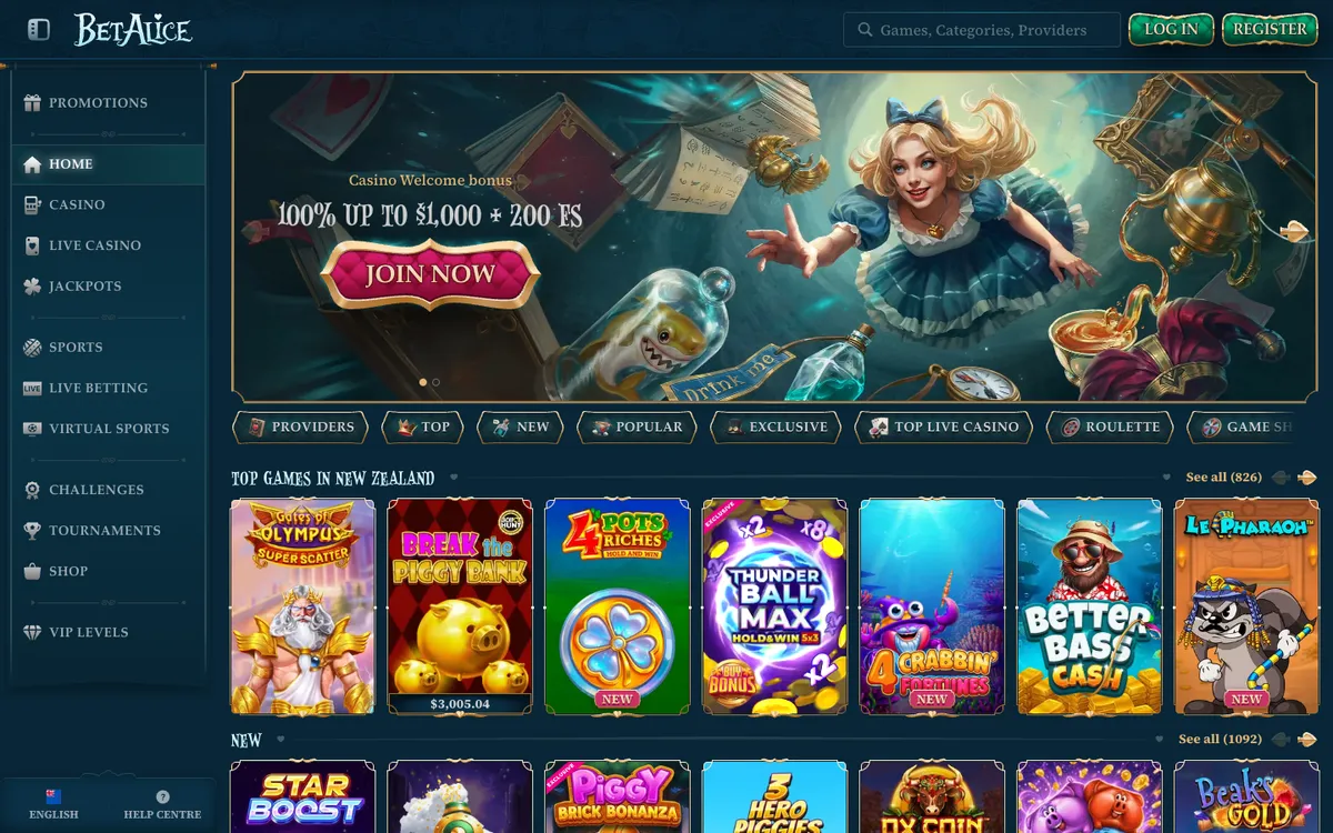 BetAlice Casino — Home page, captured from New Zealand