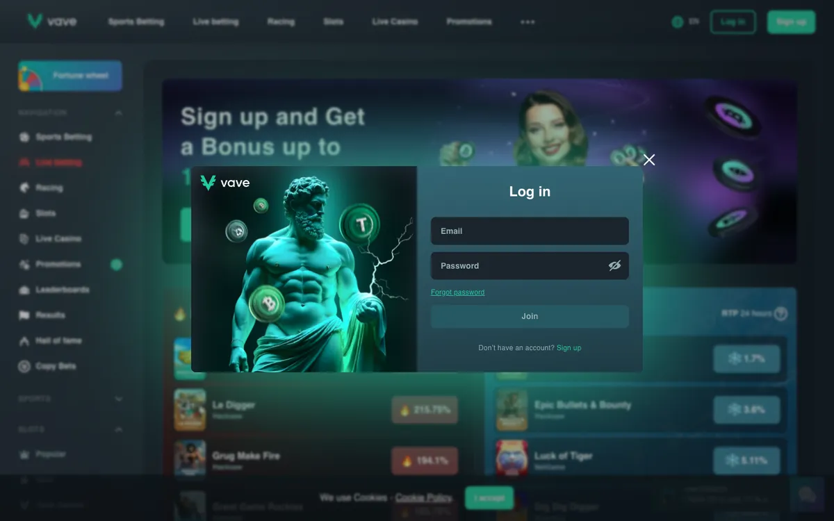 Vave Casino — Sign-up, captured from Canada