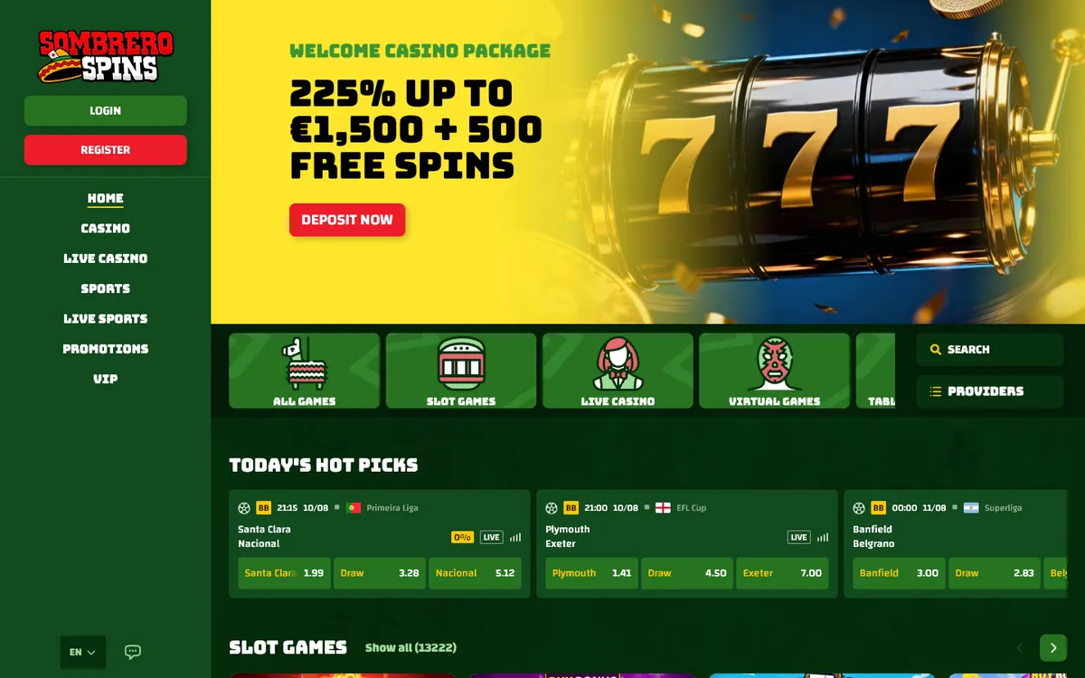 Sombrero Spins Casino — Home page, captured from Finland