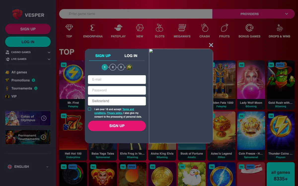 Vesper Casino — Sign-up, captured from Switzerland
