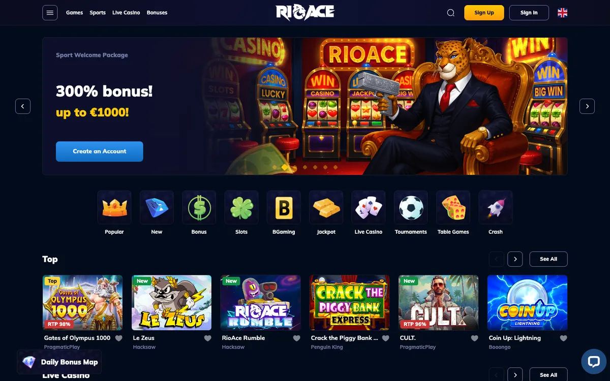 RioAce Casino — Home page, captured from Norway