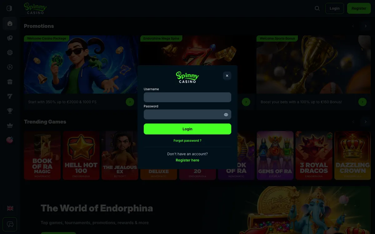 Spinny Casino — «Регистрация», снято из страны Бельгия