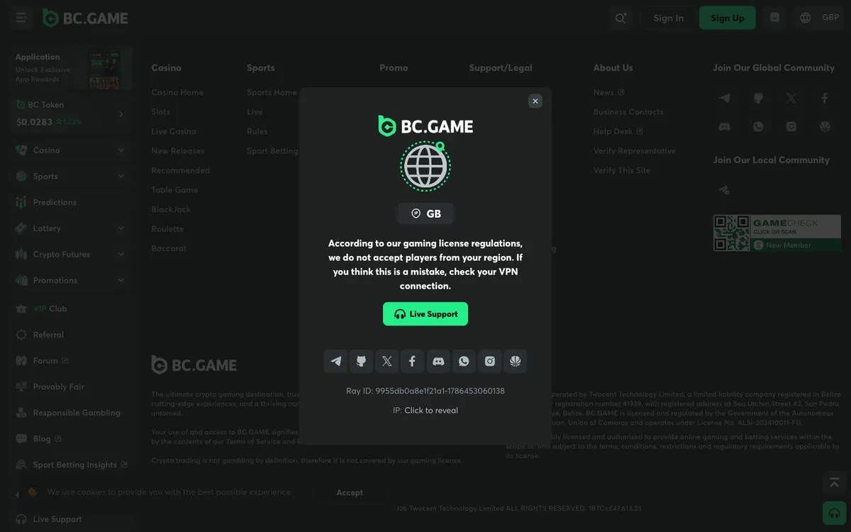 BC.Game Casino — «Главная», снято из страны Великобритания