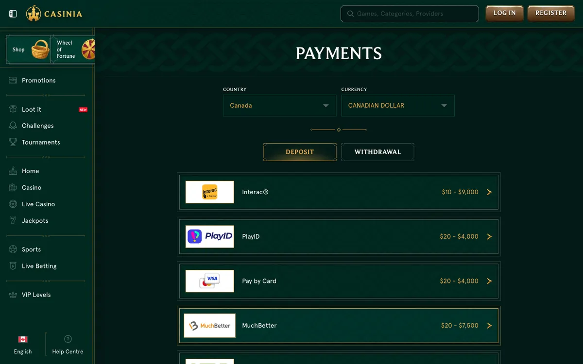 Casinia Casino — Payments, captured from Canada