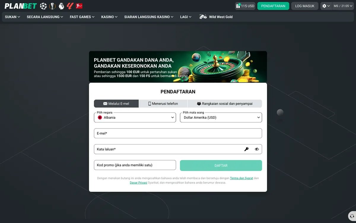 Planbet Casino — «Регистрация», снято из страны Малайзия