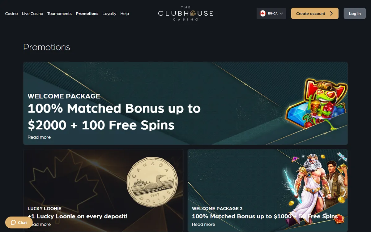 The ClubHouse Casino — Promotions, captured from Canada
