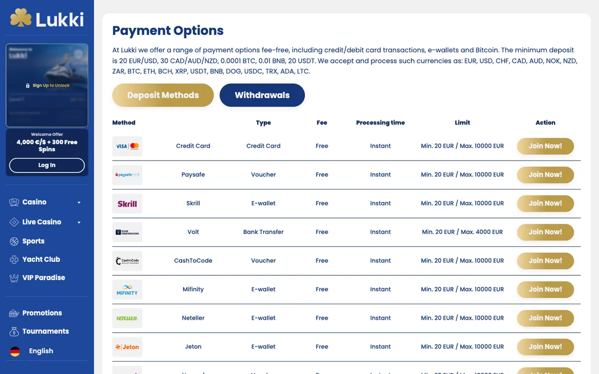 Lukki Casino — Payments, captured from Germany