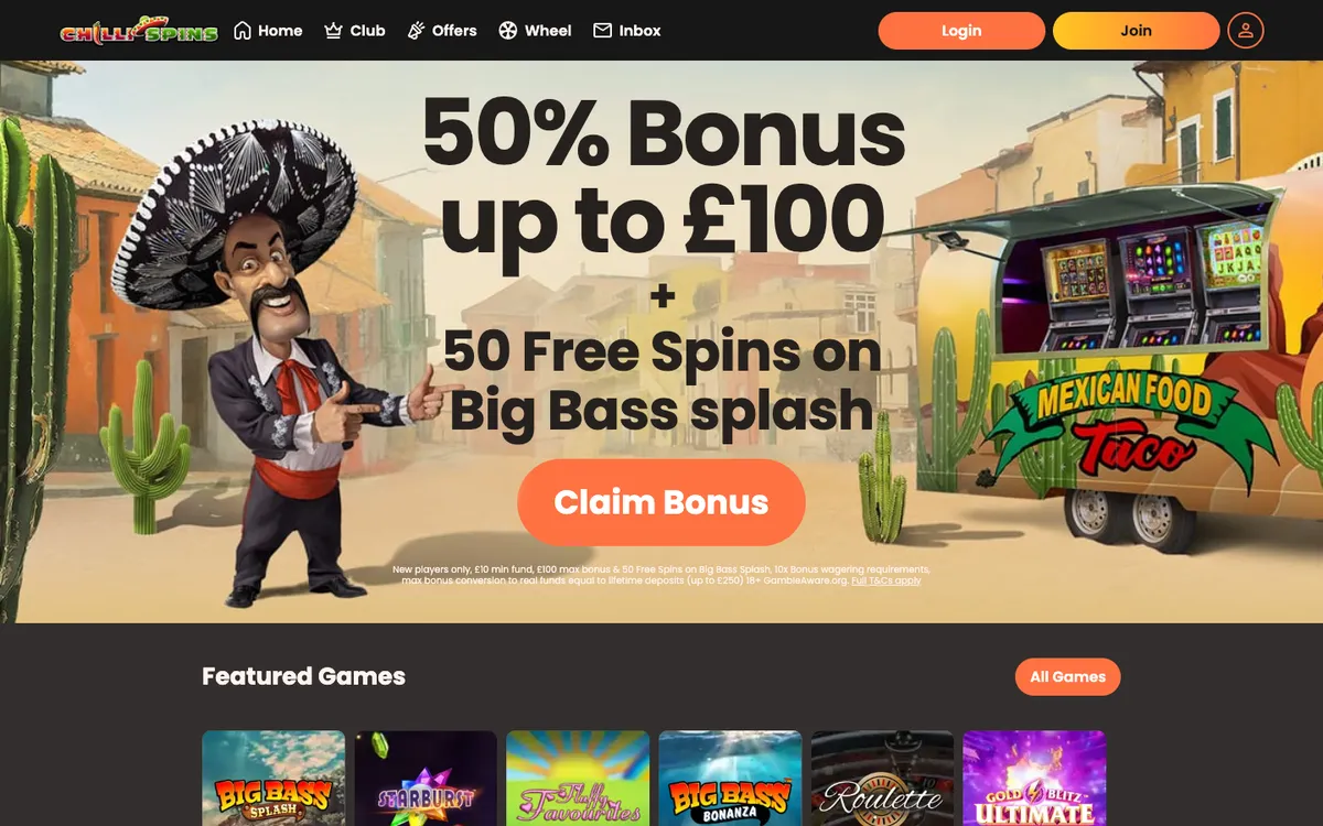 Chilli Spins Casino — Home page, captured from United Kingdom