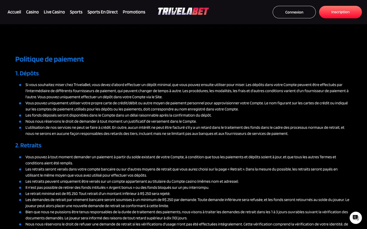 TrivelaBet Casino — Payments, captured from France