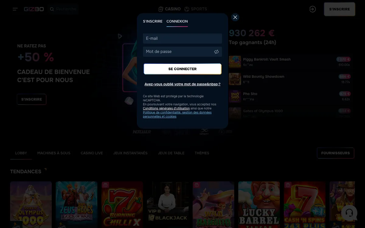 Gizbo Casino — Home page, captured from France