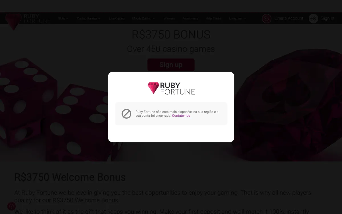 Ruby Fortune Casino — Promotions, captured from Brazil