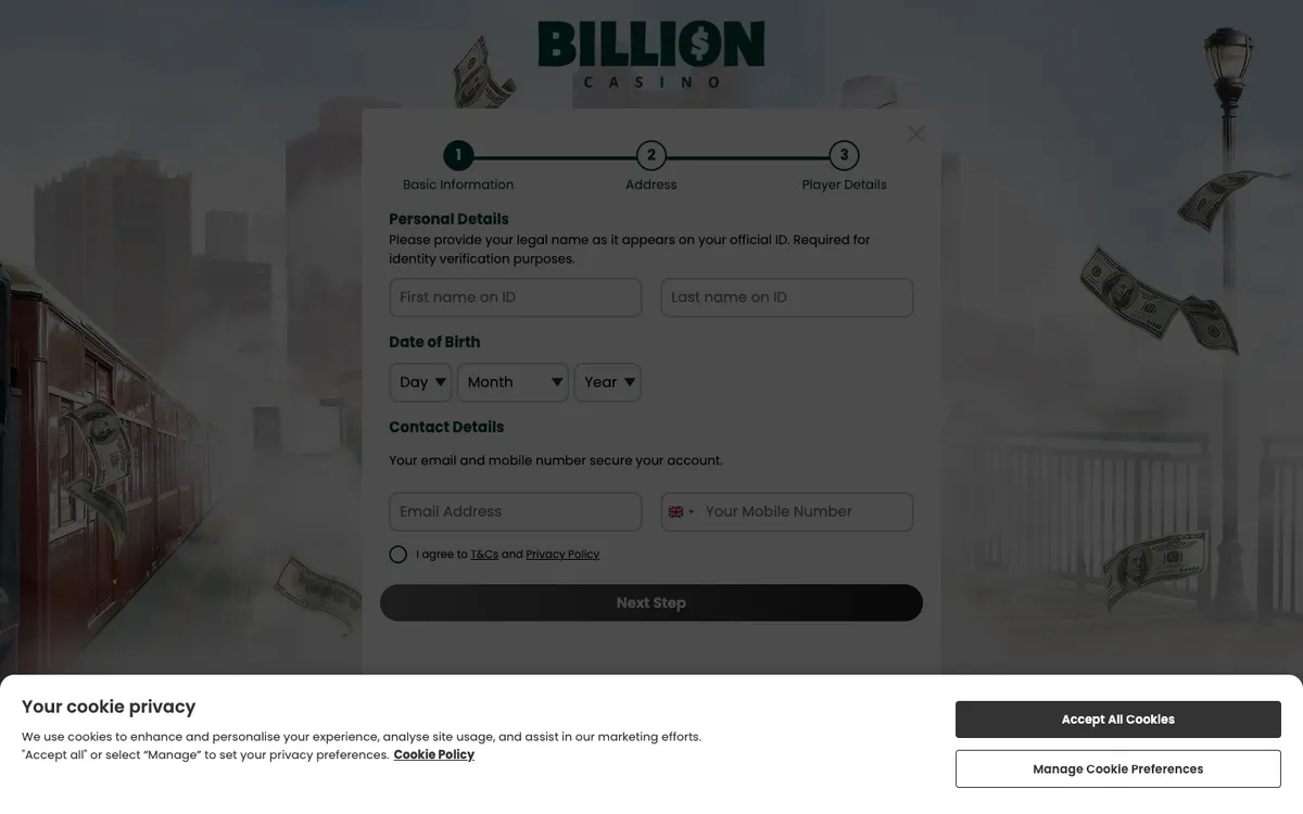 Billion Casino — Sign-up, captured from Japan