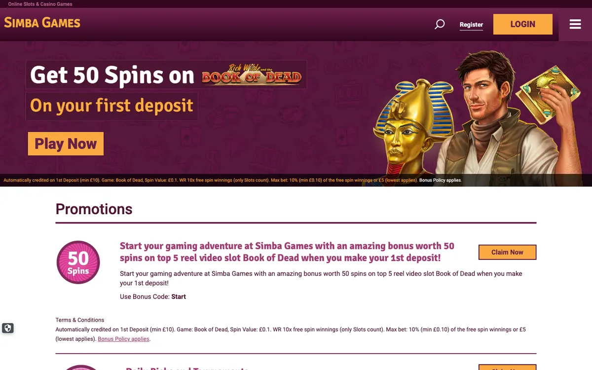 Simba Games — Promotions, captured from United Kingdom