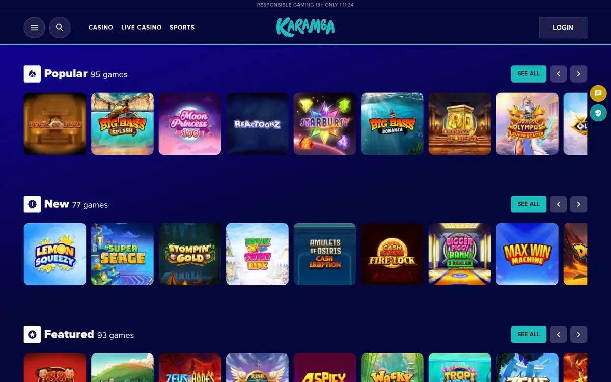 Karamba Casino — «Главная», снято из страны Новая Зеландия