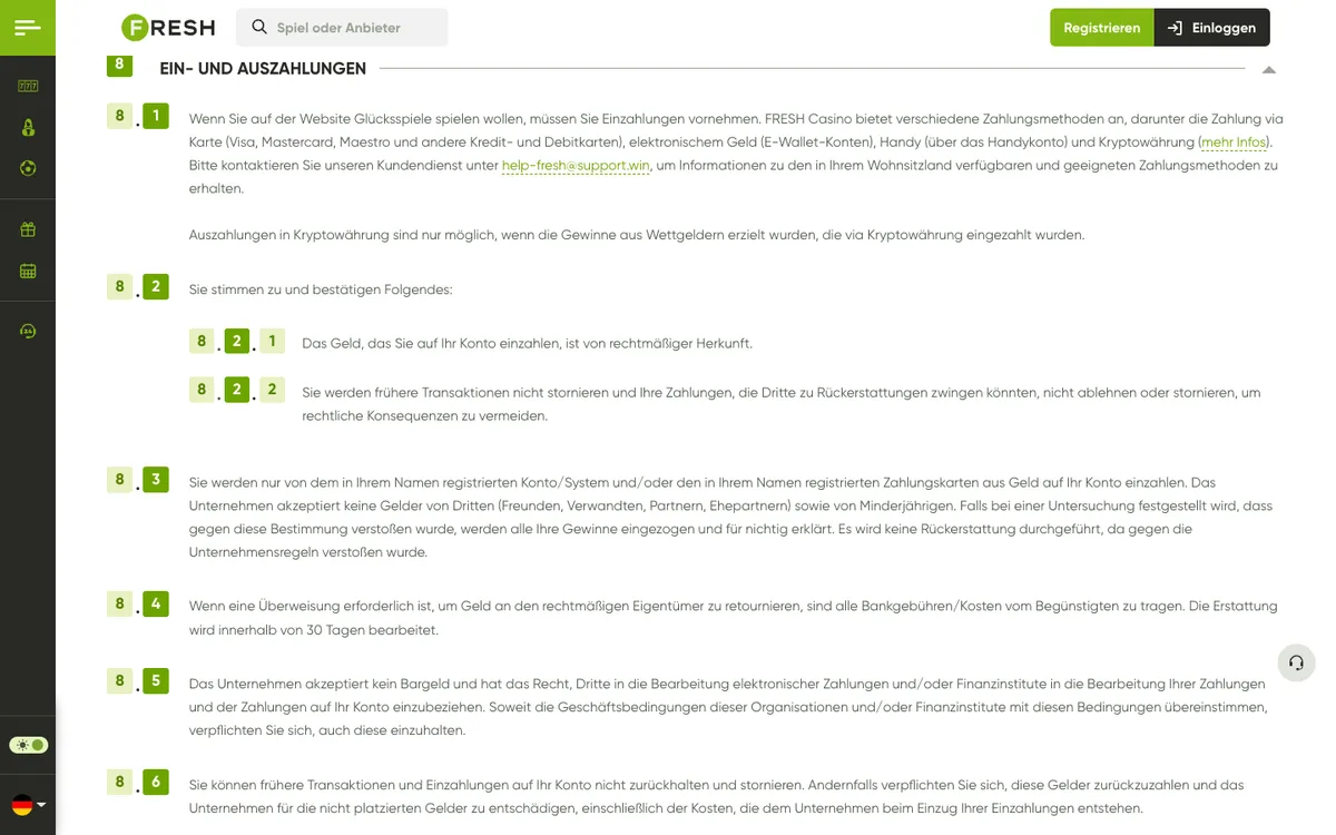 Fresh Casino — Payments, captured from Austria