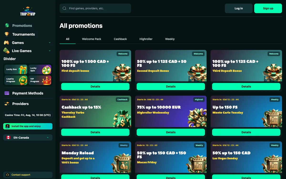 Trip2Vip Casino — «Акции», снято из страны Канада