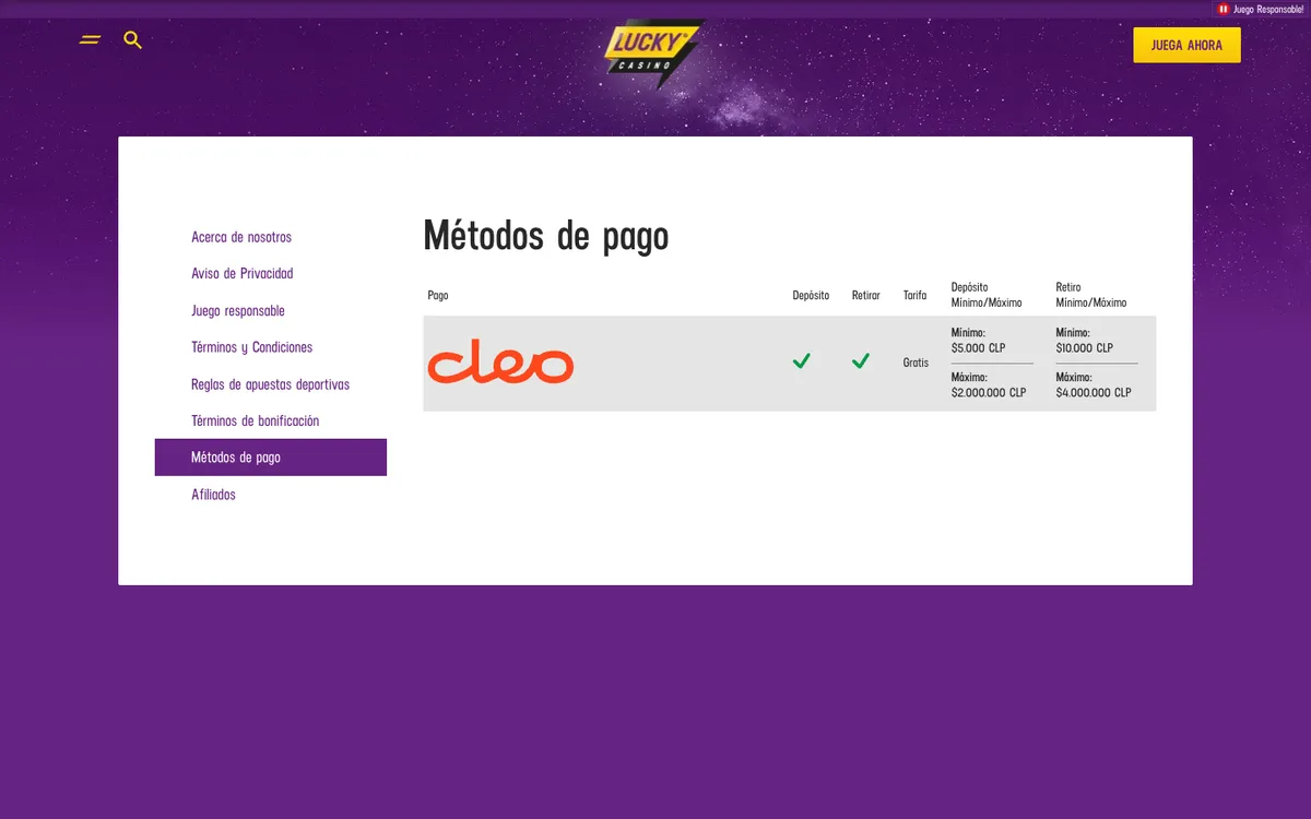 Lucky Casino — Payments, captured from Chile