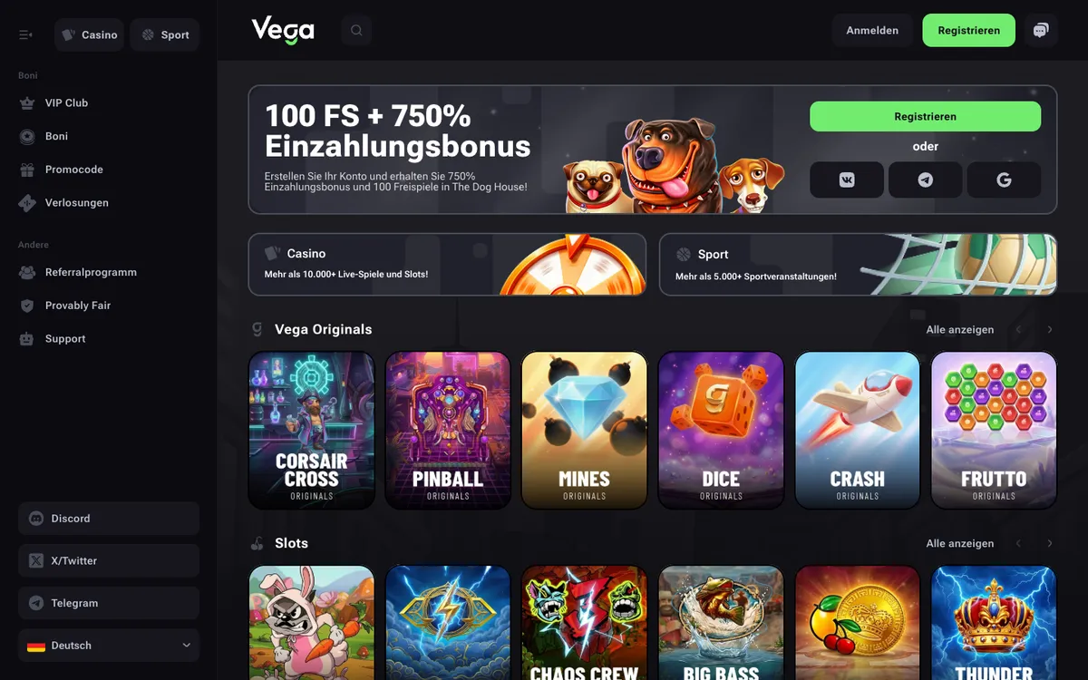 Vega.bet Casino — Home page, captured from Switzerland