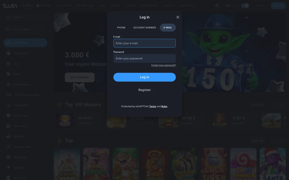 Twin Casino — Sign-up, captured from Belgium