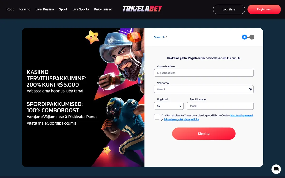 TrivelaBet Casino — Sign-up, captured from Estonia