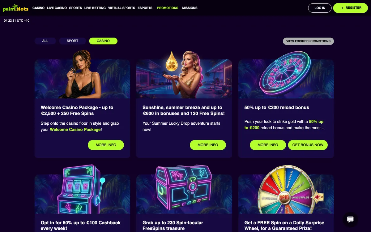 PalmSlots Casino — Promotions, captured from Australia