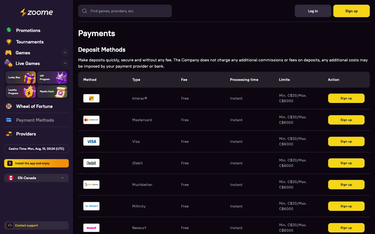 Zoome Casino — Payments, captured from Canada
