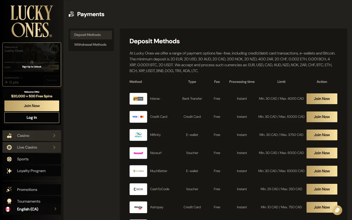 Lucky Ones Casino — Payments, captured from Canada