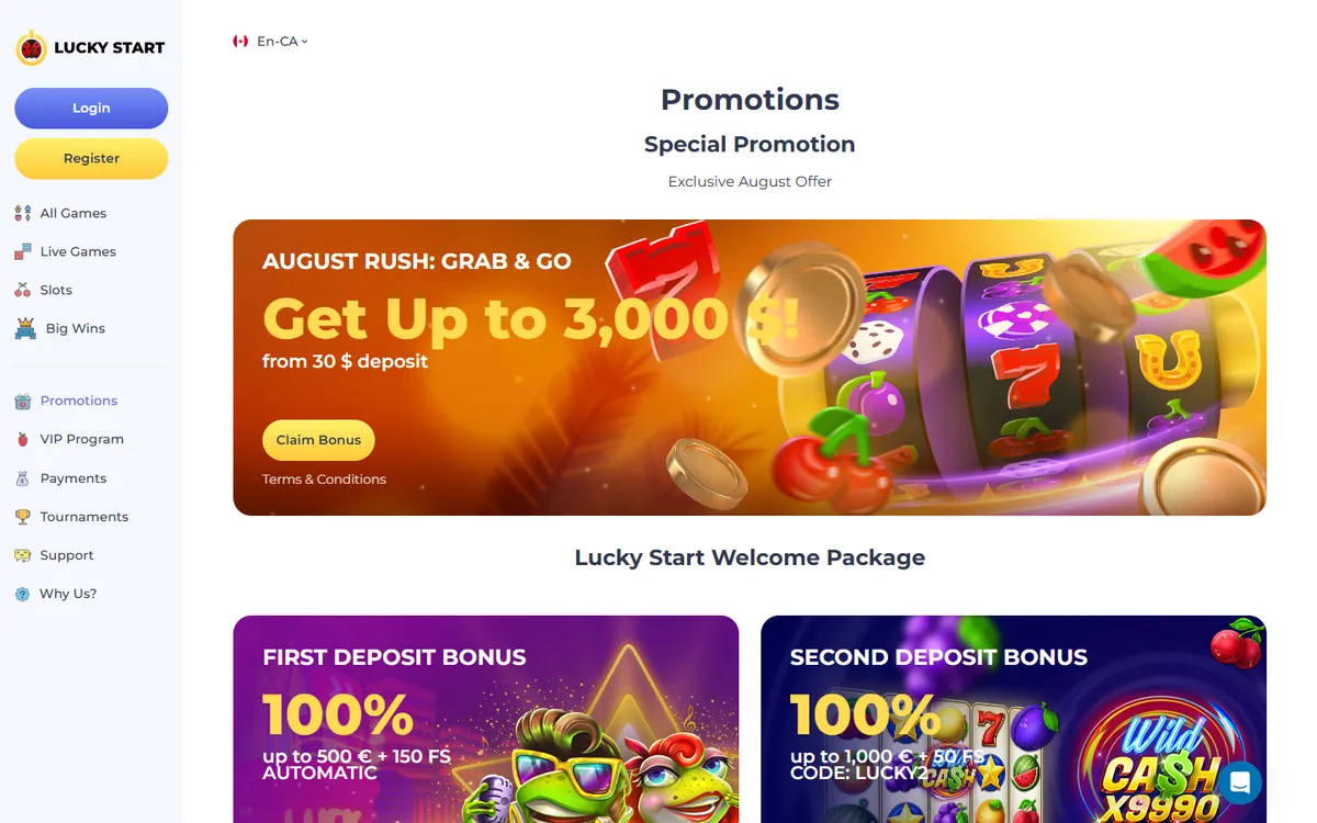 Luckystart Casino — «Акции», снято из страны Канада