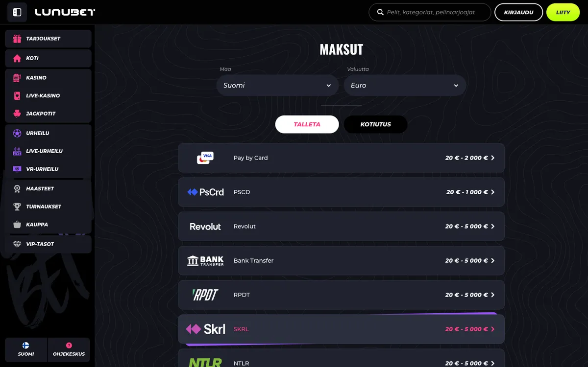 LunuBet Casino — «Платежи», снято из страны Финляндия