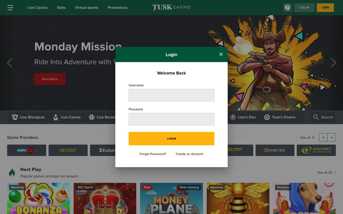 Tusk Casino — Sign-up, captured from Austria
