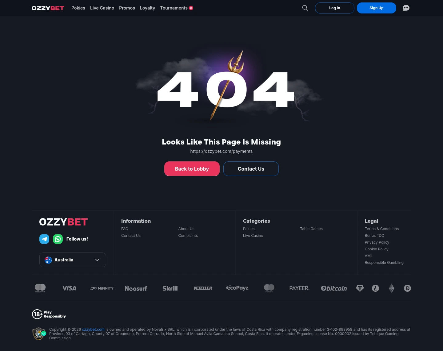 Ozzybet Casino — «Платежи», снято из страны Канада