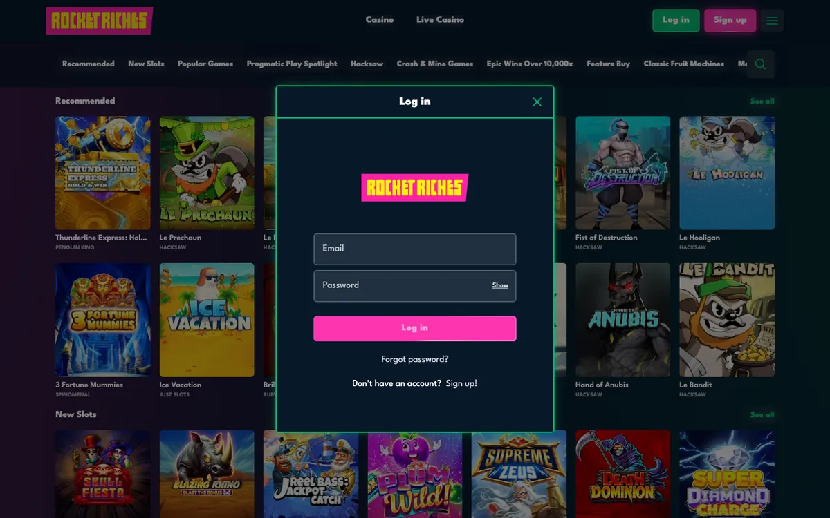 Rocket Riches Casino — Promotions, captured from Belgium