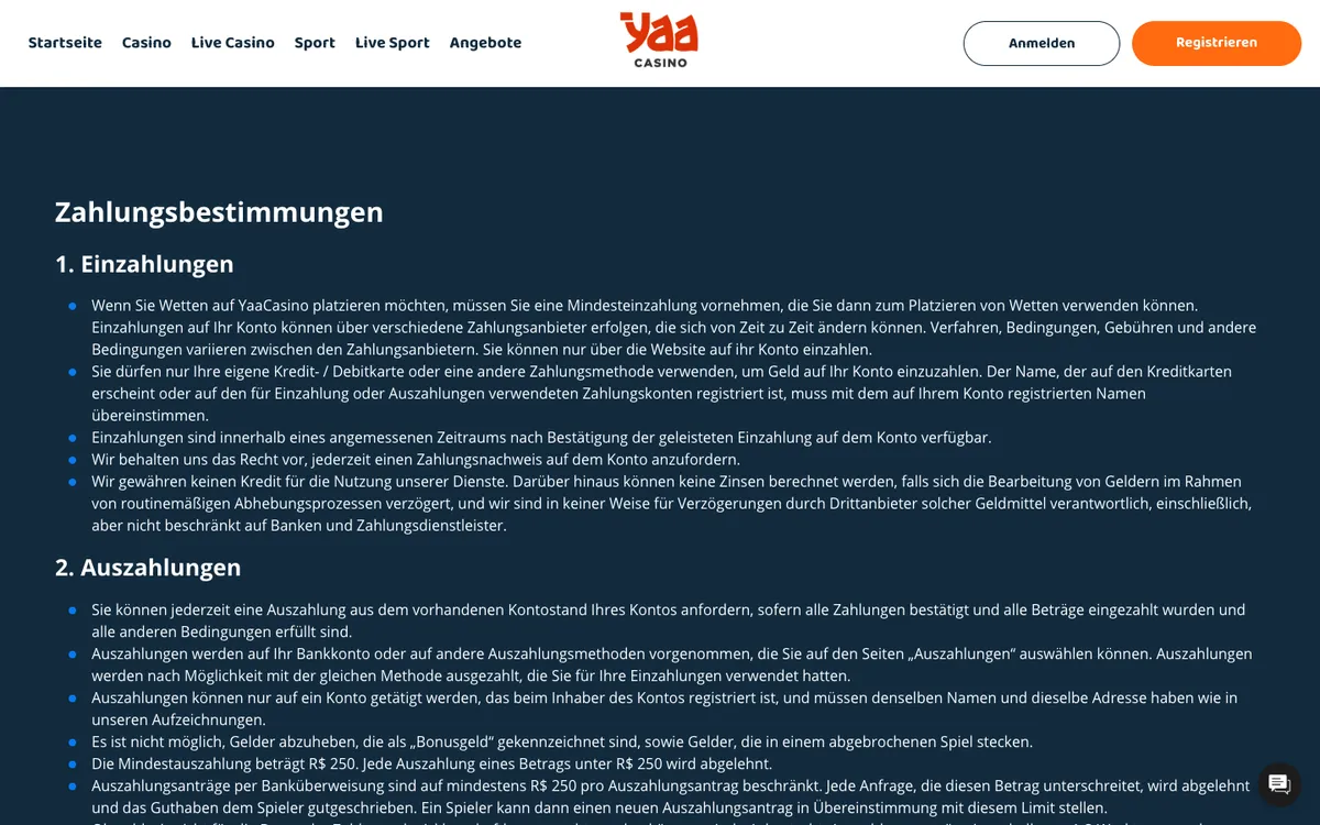 YaaCasino — Payments, captured from Austria