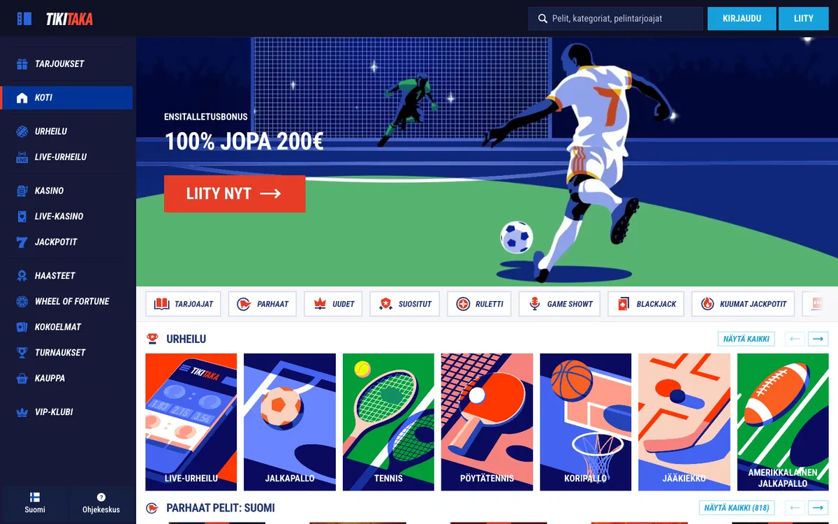 TikiTaka Casino — Home page, captured from Finland