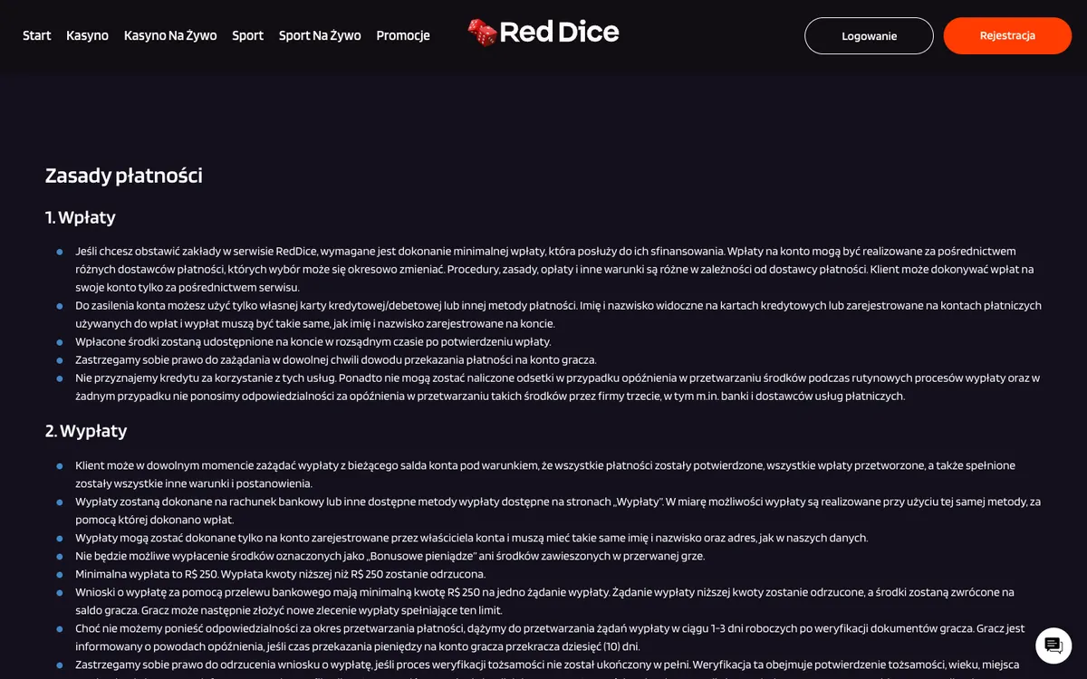 Red Dice Casino — «Платежи», снято из страны Польша
