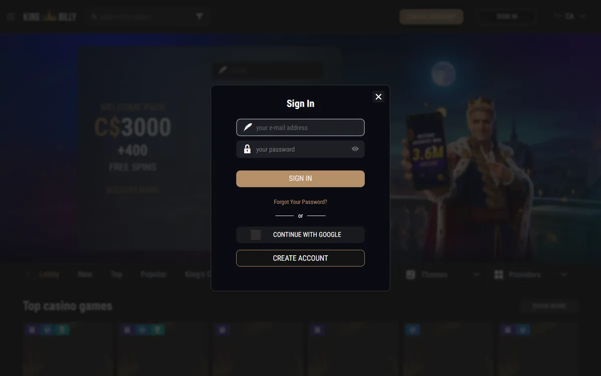 King Billy Casino — Sign-up, captured from Canada