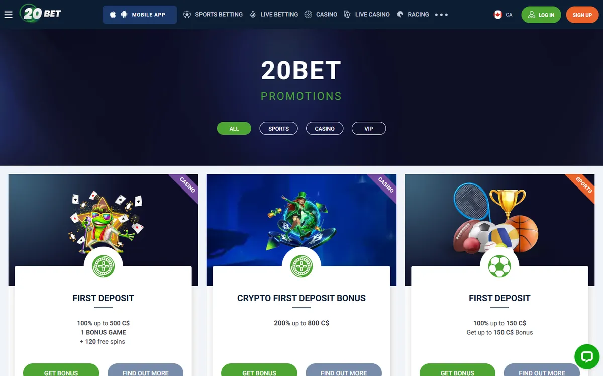 20bet Casino — Promotions, captured from Canada